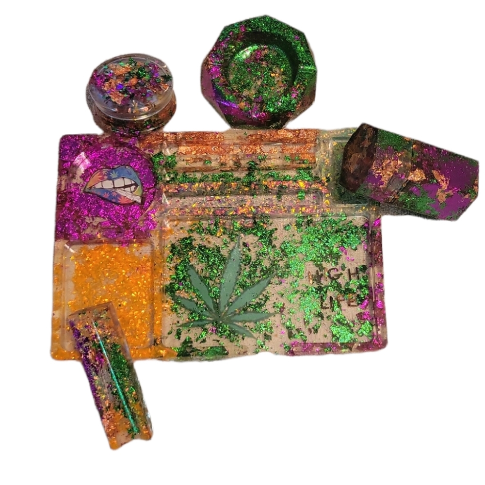 Rolling tray, joint holder, jar, ashtray, grinder set